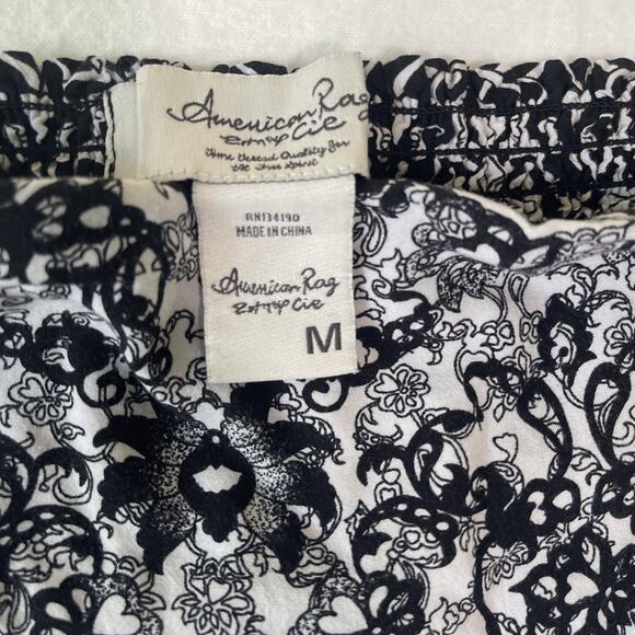 American Rag Cie Sz M Pant Cotton Flowy Wide Leg Black White Print Elastic Waist - Picture 3 of 7